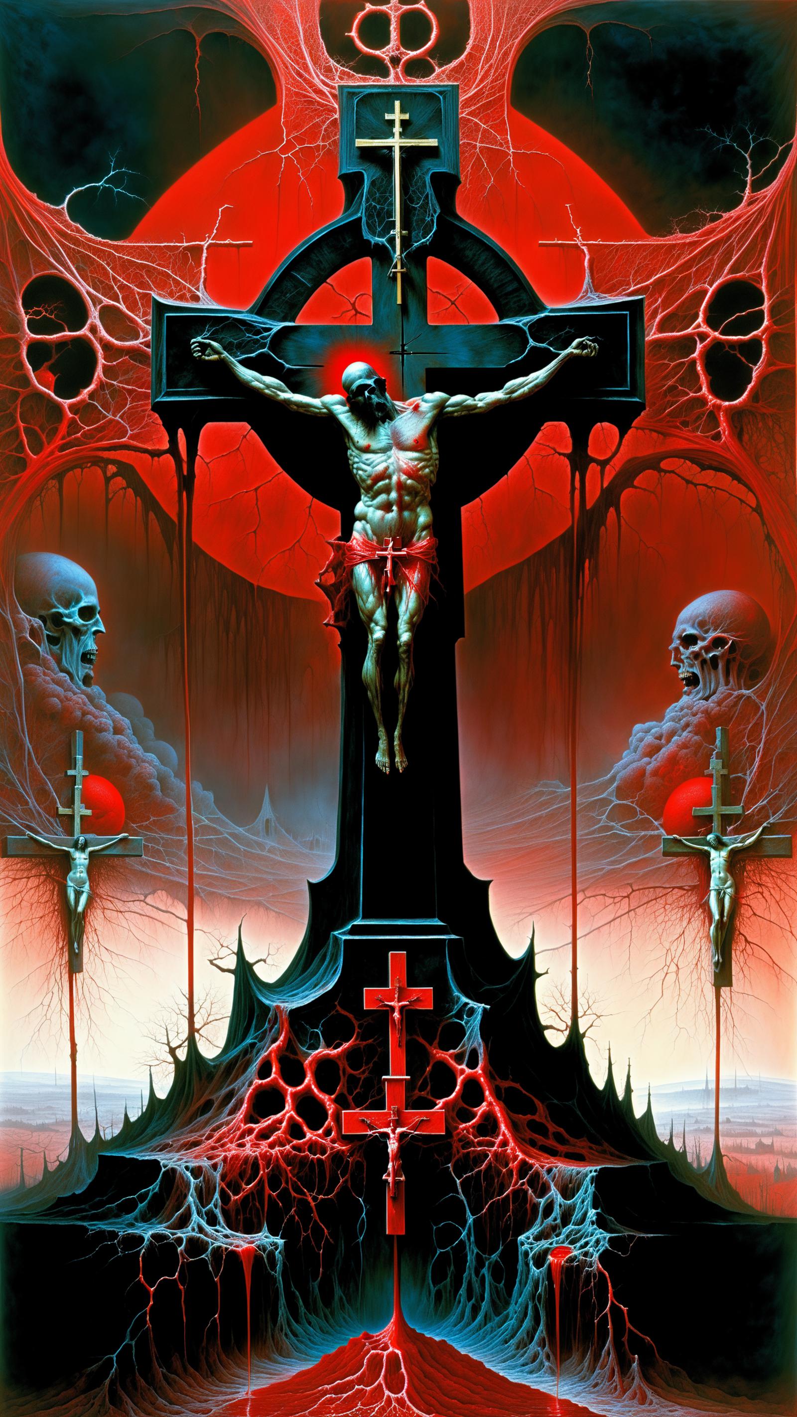 A painting of a crucifixion with skeleton skulls and red background.