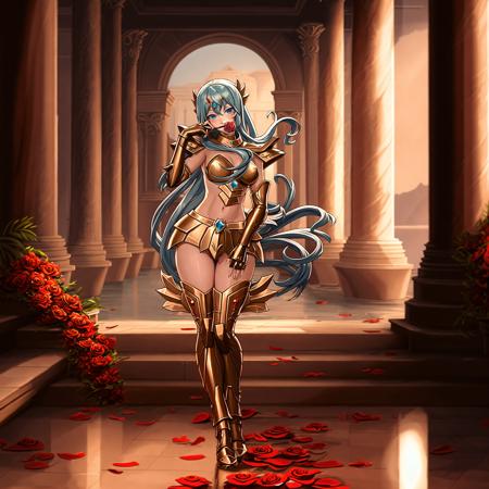 masterpiece, best quality, masterpiece, detailed face, detailed eyes, full body,  <lora:PiscesArmor:0.7>,  1girl, female bikini armor, aquamarine gems, rose on the mouth, greek temple, roses on the floor, (anime), nsfw