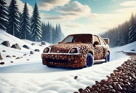cuteup, cute, cutieup, car made of coffee beans, coffee beans, cat made of coffee beans, snow, ice, Surreal with macabre undertones, earthy surreal edge,  car made out of countless coffee beans, snow, ice, hyper detail, masterpiece, score_10, randshadscree, anime drawing style, anime movie, driving at high speed,countless galaxy,yellow,  sports car made out of fr0stwrld, snow, ice, bright blue and yellow energized sport car, score_9, score_8_up, score_7_up, score_6_up, shiny, driving, shiny, cloudy forest, Made of fluffy clouds, clutter, trash, fr0stwrld, snow, ice, coffee beans, coffee, cafe,