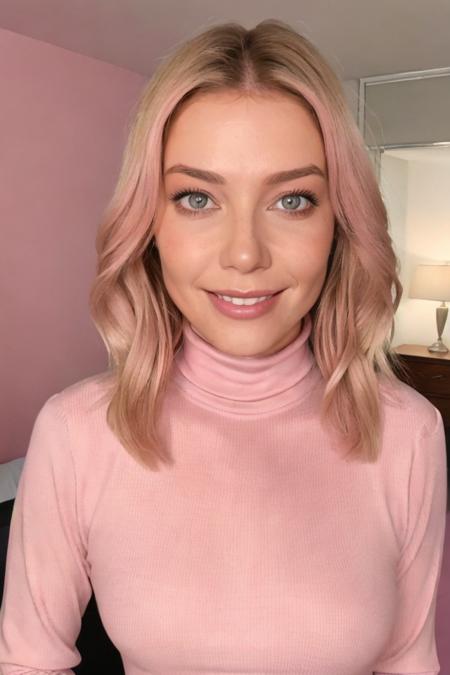 Portrait photo of lu1z4p0ss1 woman, pink turtleneck blouse, in a bedroom, detailed face smiling