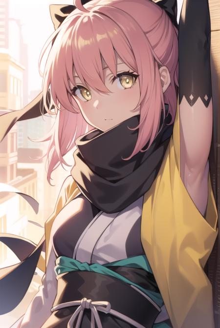 okitasouji, <lora:okitasoujitest:1>, okita souji, ahoge, black bow, pink hair, hair between eyes, hair bow, short hair, (yellow eyes:1.5),
BREAK black scarf, japanese clothes, kimono, sash, scarf,,
BREAK outdoors, city,
BREAK looking at viewer,
BREAK <lora:GoodHands-vanilla:1>, (masterpiece:1.2), best quality, high resolution, unity 8k wallpaper, (illustration:0.8), (beautiful detailed eyes:1.6), extremely detailed face, perfect lighting, extremely detailed CG, (perfect hands, perfect anatomy),