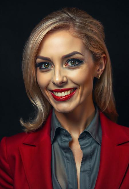 Portrait of a  40 year old beautiful female in a crimson red business suit, grey blouse with cleavage, She has big blonde hair. They have a spray tan that is slightly overdone.  Their pupils are black onyx colored and look slightly inhuman with a reddish tinge .  The background is also dark, emphasizing the formal attire and creating a dramatic, sophisticated mood. The overall tone is professional and serious. This person looks sinister despite being  pretty   They radiate menace and have an evil smile with an open mouth that shows overly bright teeth with slightly elongated canines as if demonic , blood red lipstick that looks moist and wet