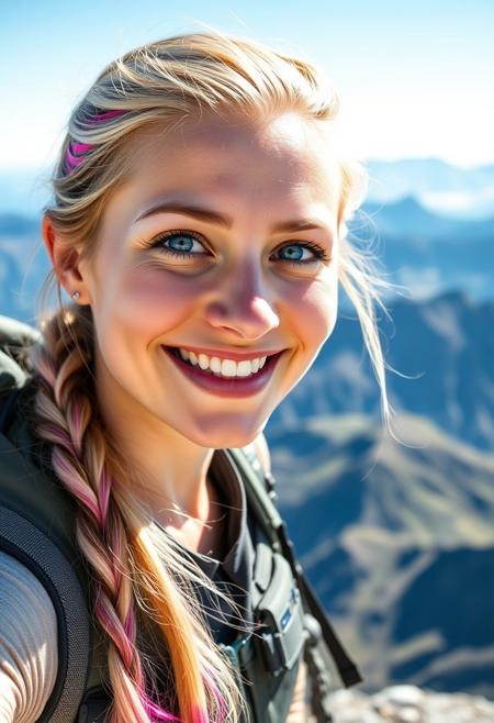 A close-up of a 26-year-old athletic woman with blue eyes and long blonde hair with pink streaks, smiling joyfully at the summit of a mountain, with a clear blue sky and rugged peaks in the background. She is wearing hiking gear.