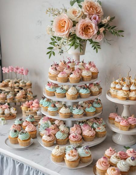 A modern dessert bar showcasing a variety of gourmet cupcakes with intricate frosting designs, macarons in pastel colors, and a tiered cake topped with edible flowers.