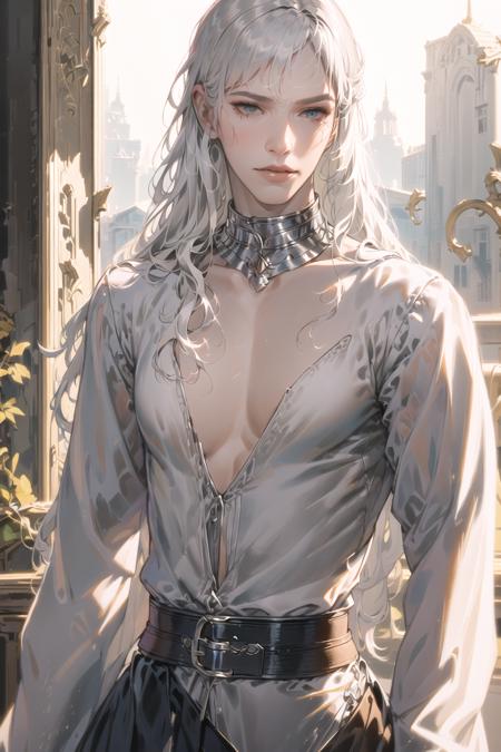 griffith,1boy,solo,<(masterpiece, realistic:1.3)>, <(wearing dress:1.3),Modern evening dress, <(silk dress:1.2), (loose dress:1.3), suspender skirt, Organza,long dress >,curly hair, dramatic pose, Bare back, bare thighs, bare arms, mature male, A bulging crotch,muscular,cleavage,Modern art illustration,CG ,8k,In heaven garden, Silver belt