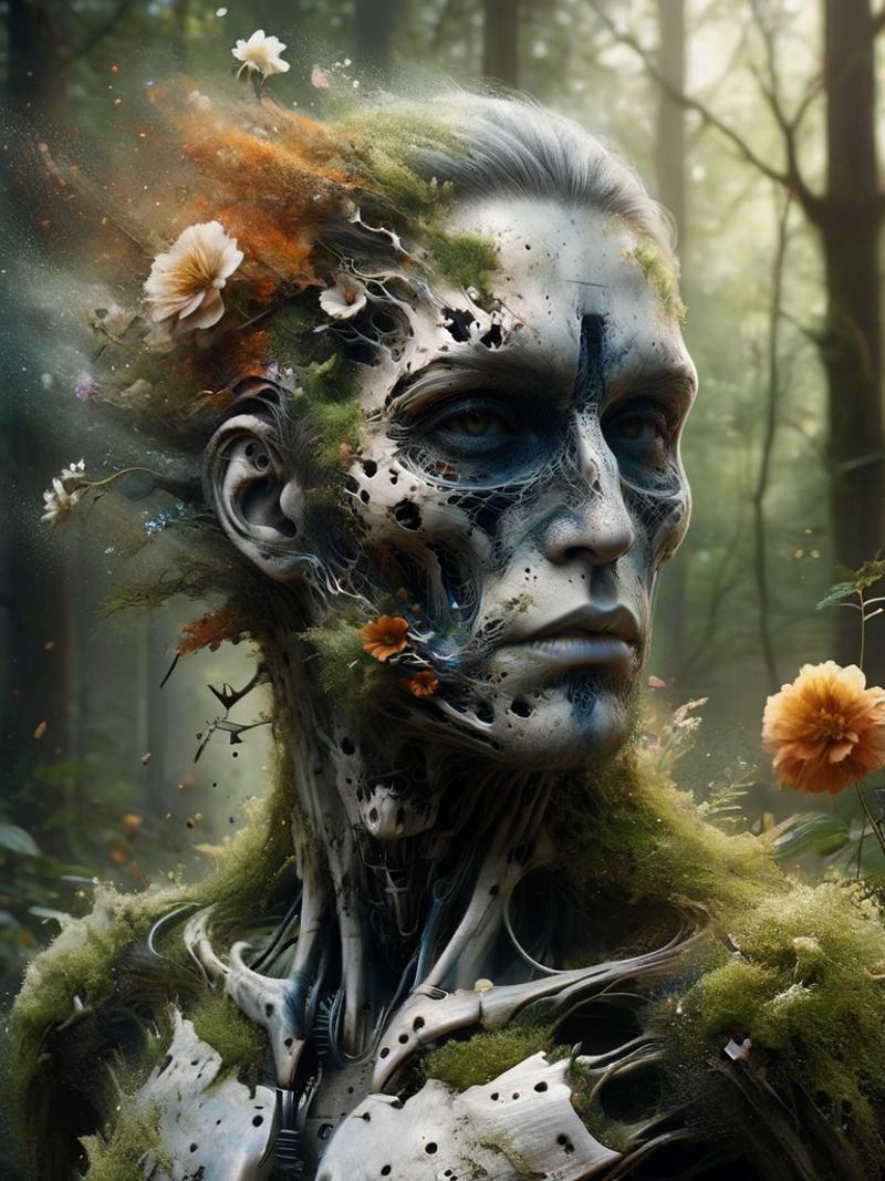 A Fantastical Artistic Portrait of a Human Head with Plants and Flowers Growing Out of It