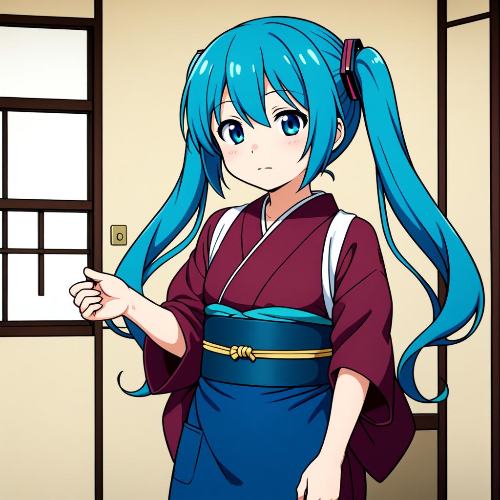 <lora:okamisty_SDXL_v2:0.5>, woman, solo, sash code, tasuki, white_tasuki, maroon_kimono, indigo blue_apron, indoors, aged_up, anime_coloring, hatsune miku