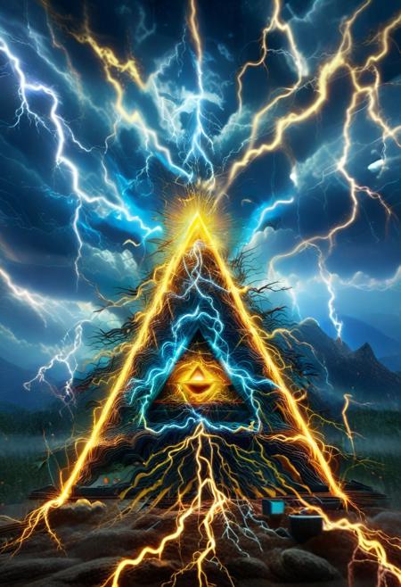mountain, surreal,  double exposure, dark and moody ,colored all seeing eye pyramid made of lthndrtrl, thunder trails, film grain, high quality, dramatic ,poster, horror story style, sun and moon behind clouds
