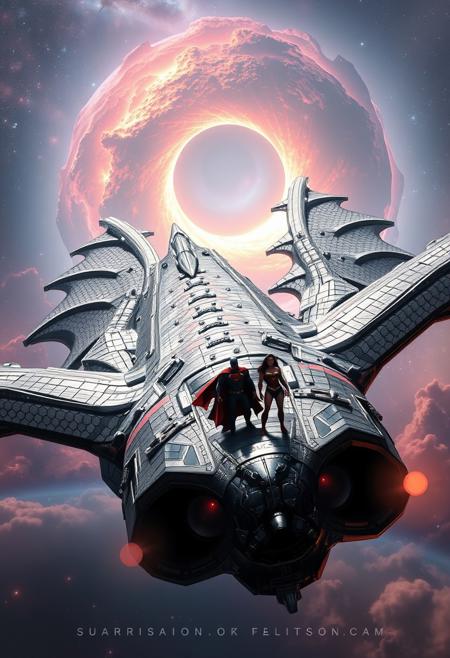 "Hyper-realistic depiction of a colossal, dragon-shaped spaceship soaring through a nebula, with a massive, glowing wormhole in the background. The ship's scales glimmer with a metallic sheen, while its wings are outstretched, revealing intricate, pulsing engines. A group of iconic superheroes (e.g. Superman, Batman, Wonder Woman) stand on the ship's deck, looking out at the breathtaking vista before them. The nebula is filled with vibrant, swirling colors, while the wormhole's energy distorts space-time around it. Style: extremely detailed, hyper-realistic, and cinematic, with a focus on capturing the epic scale and dynamic energy of the scene."