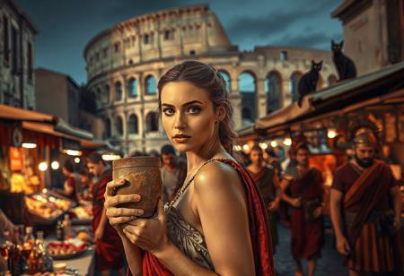 Setting is a 1st century Roman Empire market in Rome at night, the market is comprised of street vendors selling, food, weapons, and clothing. Everyone and everything in the image is appropriate for a scene from Ancient Rome, People wearing Roman clothing are walking through the street market shopping and eating, in the foreground is a merchant selling beverages and food at a market kiosk, (((a beautiful woman, 24 years old is standing in the foreground, the woman  facing the viewer with a clay goblet of wine in her hand. Her eyes are beautiful and focused on the viewer, she has an expression of interested curiosity))), Roman Soldiers are walking behind the beautiful woman, one of the solders turns to look at the beautiful woman, many people are walking by in the busy street market, the woman is dressed in high fashion Roman Empire clothing with an alluringly sexual, but traditional roman aesthetic. The woman's hair is elegantly tied up with a ribbon. Artistic ancient Roman aesthetic, dynamic perspective, (((overall architectural aesthetic is Ancient Rome in 1st Century Roman Empire era))).  Epic image that elicits a feeling of wonder and awe, Rome Coliseum Roman Forum architecture in background, a sleek black cat is visible sitting on a kiosk roof in the background,