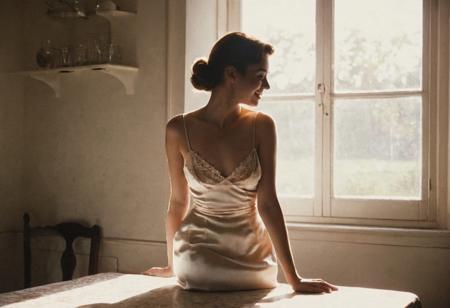 grainy 1950s amateur smut color photograph, full body profile photograph of a cute housewife wearing a satin slip with spaghetti straps and lace trim, leaning over a kitchen table, (morning sunlight creates a silhouette of her breasts through her silky satin slip), outline of boobs and nipples in silky satin slip, backlight, small boobs, wide hips, upper thigh, very detailed, angle from side, silhouette, sun rays, profile, detailed eyes and face, cute smile, film grain