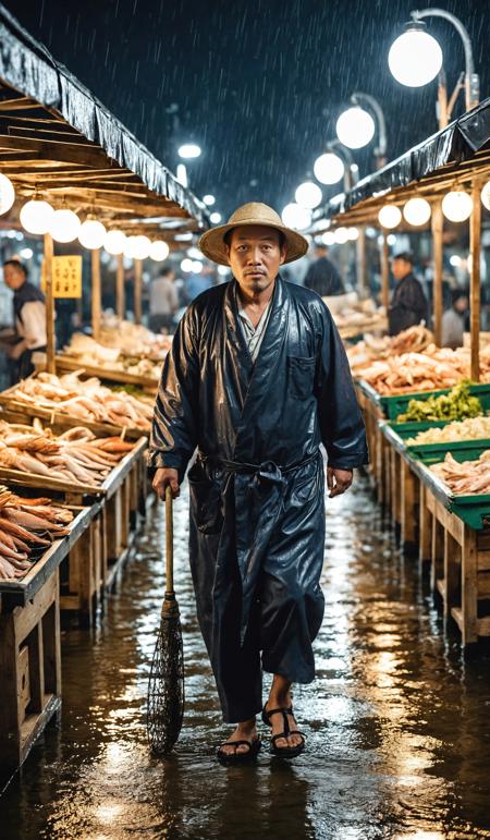 portrait shot front view of a lonley fisherman walking in rain at night through a sea food market in 1880 tokyo