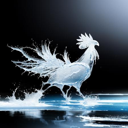 a (watercd:1.2, brightness, transparent:1.3) rooster, (solo:1.2), standing, water drop, dropping, <lora:watercd-000010:0.9>, no humans, high quality, masterpiece, realistic, photorealistic, (outdoors, on the surface of the water, the water splashed in all directions, full  body),