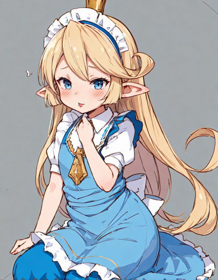 masterpiece, best quality, absurdres, charlotta, 1girl, solo, blush, flat chest,
maid, maid headdress, maid apron, 
kneeling,
simple background,