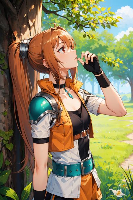 masterpiece, best quality, senEstelle, choker, single pauldron, orange jacket, black gloves, black shirt, miniskirt, green belt, spandex shorts, upper body, (thinking:1.6), (confused), (stroking chin), looking up, park, trees, sky <lora:estelle-nvwls-v2-000009:0.9>