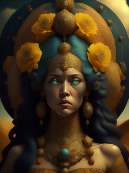 <lora:JamesC.Christensen:1>James Christensen, style, portrait of a beautiful Aztec goddess, exquisite detail, 30-megapixel, 4k, 85-mm-lens, sharp-focus, intricately-detailed, long exposure time, f/8, ISO 100, shutter-speed 1/125, diffuse-back-lighting, award-winning photograph, facing-camera, looking-into-camera, monovisions, elle, small-catchlight, low-contrast, High-sharpness, facial-symmetry, depth-of-field, golden-hour, ultra-detailed photography, shiny metal surface with intricate turquoise, raytraced, global illumination