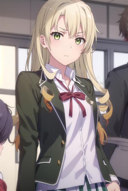 yumikomiura, <lora:yumiko miura s2s3-lora-nochekaiser:1>, 
yumiko miura, long hair, blonde hair, (green eyes:1.3), drill hair,
BREAK skirt, ribbon, school uniform, jacket, black jacket, plaid, plaid skirt, blazer, sobu high school uniform,
BREAK indoors, classroom,
BREAK looking at viewer, (cowboy shot:1.5),
BREAK <lyco:GoodHands-beta2:1>, (masterpiece:1.2), best quality, high resolution, unity 8k wallpaper, (illustration:0.8), (beautiful detailed eyes:1.6), extremely detailed face, perfect lighting, extremely detailed CG, (perfect hands, perfect anatomy),