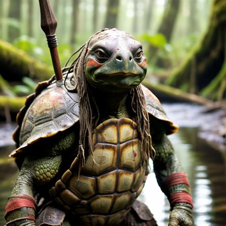 highly detailed portrait photo of a (tortle):1.0 visiting a small primitive swamp camp,

tortle, solo, looking at viewer,colored skin, shoulder armor, gauntlets, pauldrons, spear, breastplate, green skin, chainmail,

a primitive camp in a swampy jungle,

depth of field:1.2, blurry, blurry background,
realistic:1.3,

photorealistic,
fantasy, cinematic,
32k, best quality, 
god rays:1.2,
dappled sunlight:1.1,
shadow play:1.1,




