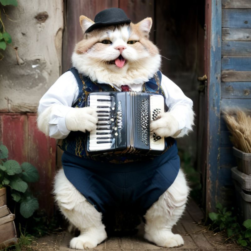 A fat cat wearing a vest and playing a musical instrument.
