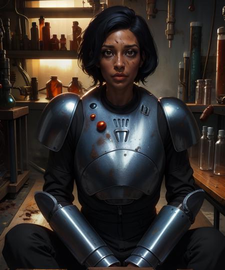 isabel,black hair,very short hair,messy hair,dirty face,lips,
black jumpsuit,armor,shiny,looking at viewer,
sitting,  sweat,  
laboratory,science fiction,
(insanely detailed, masterpiece, best quality),<lora:MechanistIsabelcruz:0.8>,