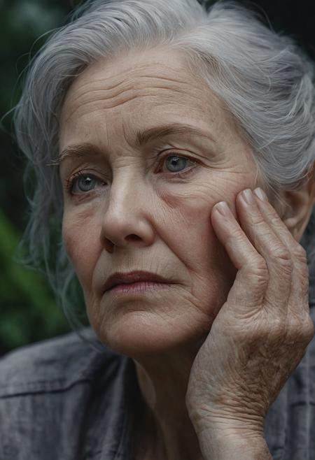 Centered, editorial, Elderly redhead Woman with wispy grey hair and worn, weary expression, her glassy eyes cast downward in a mix of sadness and longing, her wrinkled hand resting on her cheek in a gesture of contemplation. Soft, warm light casts a gentle glow on Her face, accentuating the deep lines and creases etched into her skin. The atmosphere is one of melancholic introspection, as if the weight of years bears down upon her. In the style of Ash Thorp's emotive, high-contrast portraits, with the intricate detail and texture of a Simon Stalenhag matte painting, and the vibrant, complementary color palette of a Ruan Jia concept art piece, rendered in breathtaking 8k resolution with the photorealistic fidelity of Unreal Engine 5.