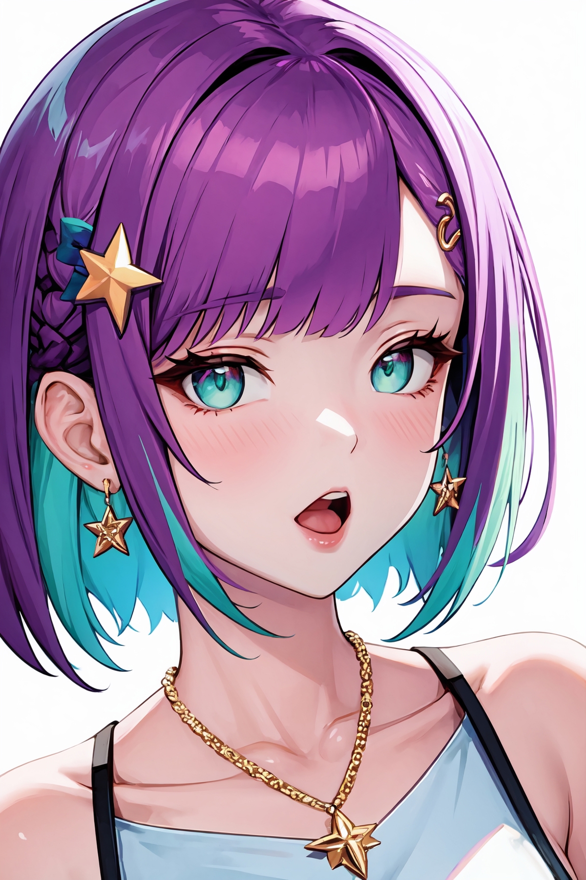 Anime girl with purple hair wearing a necklace and earrings.