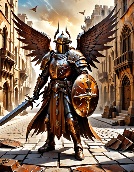 lazympos,high_quality,highres,beautiful,detailed,(masterpiece, best quality:1.2),absurdres,8k,HDR,retro,
brown marble background of a brown city (fantasy). In the center of background a brown full medieval armored knight,
with winged helmet,brown shield in left hand and a warhammer in right hand stays guarding the city.,
<lora:EpicF4nta5yXL:0.5>,<lora:SDXLFaeTastic2400:0.3>,<lora:lazympos:1>,<lora:dvr-rst:0.8>,dvr-rst