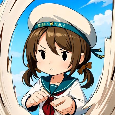 solo, error musume, brown hair, twintails, (fairy \(kancolle\), chibi, minigirl:1.2), sailor hat, :>, |_|, triangle mouth, open mouth, serafuku, cat, 
tearing paper, perfect hands, 
<lora:tearing_paper_v010:0.8> <lora:envybetterhandsLocon_beta2:1><lora:yousei-san_v20_Li_dalion:1>