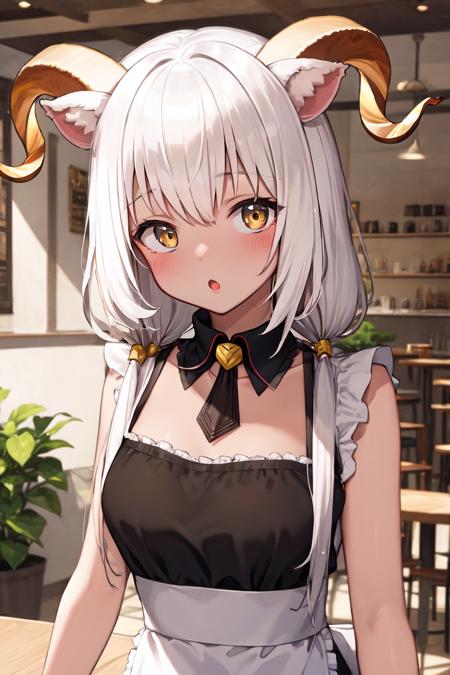 goat horns, goat ears, white hair, yellow eyes, low twintails
BREAK indoors, maid, cafe, :o, blush
 <lora:beeswaxBASE:1>