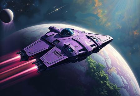 A purple metallic spacecraft orbiting over a jungle planet, close up on the spaceship, in the style of an oil painting, scifi, cosmic, astral
