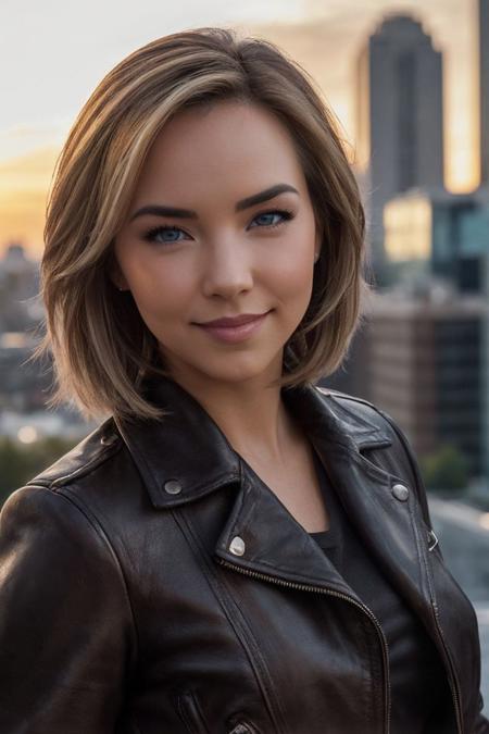 portrait of S718_CassaundraKelly,an attractive woman,in a (city),wearing a (leather jacket),(shirt),(smiling),(sunset),(RAW photo, best quality, 50mm, depth of field, ultra high res, intricate, photorealistic, cinematic-shot, masterpiece, ultra-detailed),