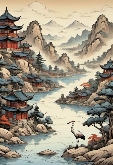 comic book traditional Chinese Landscape painting with mountain and lake and crane