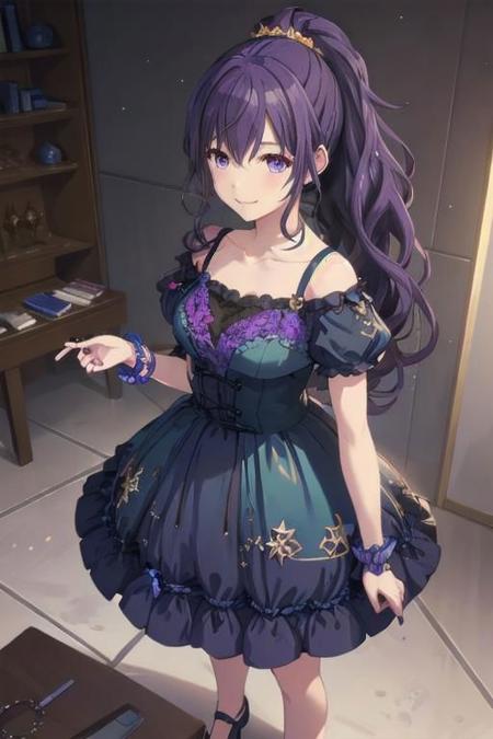 NSFW, soft light, amafuyu, 1girl, solo, Mafuyu asahina, long hair, looking at viewer, smile, hair ornament, hair between eyes, purple eyes, collarbone, ponytail, purple hair, wavy hair, high ponytail, hair scrunchie, angry, <lora:AsahinaMafuyu-10:0.7>,
BREAK breasts, Dress, blue dress, dress with starry details, starry dress, star details, high heels,
BREAK room, bed, standing
BREAK (masterpiece1.5), best quality, high resolution, unity 8k wallpaper, (illustration1.0), (beautiful detailed eyes1.5), extremely detailed face, perfect lighting, extremely detailed CG, datailed hair, extremely detailed hair, official art, (perfect hands, perfect anatomy), (1girl, solo1.5), beautiful, (masterpiece:2), (best quality:1.4)