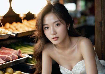 ultra detailed wedding dress, lying on the counter of a pork vendor in a traditional Taiwanese market, spot light, dark, (full body:1.4),