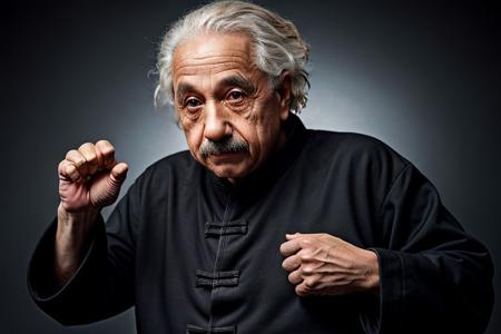Albert Einstein as Kung Fu master, black belt, dojo background, dark theme, high contrast, (hyperrealism, sharp), professional photoshoot