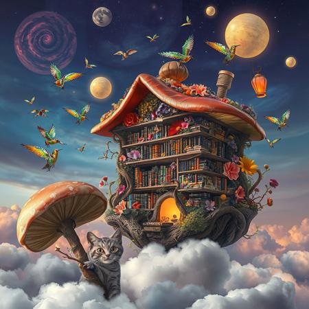 Create an image of a whimsical library floating in the clouds, where the books are made of vibrant flowers and the shelves are crafted from twisted vines. In the foreground, a curious cat with iridescent fur curiously peeks out from behind a giant, oversized mushroom. Above, the sky is a surreal blend of twilight colors, with swirling galaxies and oversized, glowing orbs resembling celestial lanterns. A flock of birds with kaleidoscopic feathers dances through the scene, casting rainbow shadows on the library below.