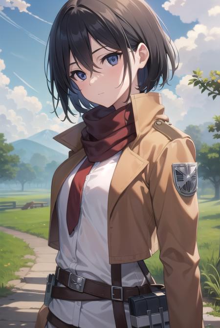 mikasaackerman, <lora:mikasa ackerman-lora-nochekaiser:1>, 
mikasa ackerman, black hair, (black eyes:1.5), hair between eyes, short hair,
BREAK belt, brown jacket, dress shirt, jacket, open clothes, open jacket, pants, paradis military uniform, red scarf, scarf, shirt, strap gap, thigh strap, three-dimensional maneuver gear, white pants, white shirt,
BREAK outdoors, village, nature, forest, grass, sun, sky, trees, clouds,
BREAK looking at viewer, (cowboy shot:1.5),
BREAK <lyco:GoodHands-beta2:1>, (masterpiece:1.2), best quality, high resolution, unity 8k wallpaper, (illustration:0.8), (beautiful detailed eyes:1.6), extremely detailed face, perfect lighting, extremely detailed CG, (perfect hands, perfect anatomy),