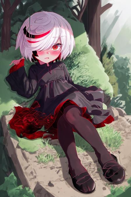 sthsage, child, short hair, white hair, multicolored hair, hair over one eye, red eyes, black dress, black pantyhose, lying, embarrassed, blush, forest <lora:sage-v6:1>