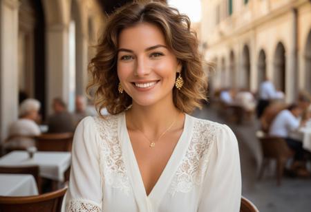 A meticulously detailed, hyper-realistic portrait of Olivia, 35 years old, with sun-kissed skin, bright green eyes, and a radiant smile. Her wavy, short-length light brown hair is casually tousled, framing her naturally beautiful face. Extremely natural skin texture, subtle wrinkles, subtle laugh lines. Her skin is natural, with subtle imperfections that enhance realism and a warm, genuine smile that reveals slightly perfect teeth. She’s wearing a flowing cream blouse with lace cuffs and an elegant high-waisted skirt, accessorized with delicate gold jewelry. The background is the historic Caffè Florian in Venice, with ornate baroque interiors and soft reflections of Piazza San Marco. The lighting is warm and diffused, casting a golden glow reminiscent of a Thomas Kinkade painting.