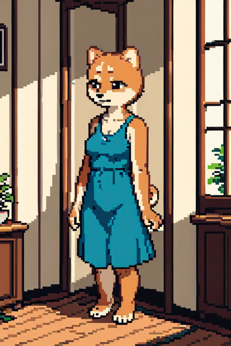 score_9,score_8_up,score_7_up, shiba inu_anthro with female body, wearing dress, indoors <lora:Pixel_Art_Pony:0.8>