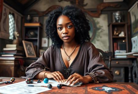 A beautiful young black woman sitting at a desk, playing D&D as a Dungeon Master. The composition should show from the top of her head to the mid of her bust. She has black curly hair and bright brown eyes, wearing stunning high fantasy robes that flow elegantly. The background should suggest a cozy, imaginative gaming environment, filled with dice, character sheets, and fantasy elements, enhancing the sense of adventure and creativity.