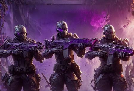 A group of elite mercenary warriors equipped with the latest weaponry and advanced technology, dressed in sleek, modern armor, ready for combat. They represent a diverse range of specialties including (((three riflemans, one medic, one machine gunner, one sniper, one battle mage, and one engineer.))) They stand together in a dynamic composition, each figure poised in a distinctive action pose, with a colorful, detailed background that complements their advanced equipment. Masterpiece, high quality, colorful background, different poses, different armor, different weapons, action poses, 4k, grenade launcher, machine-gun, assault rifle, sniper rifle, purple colors