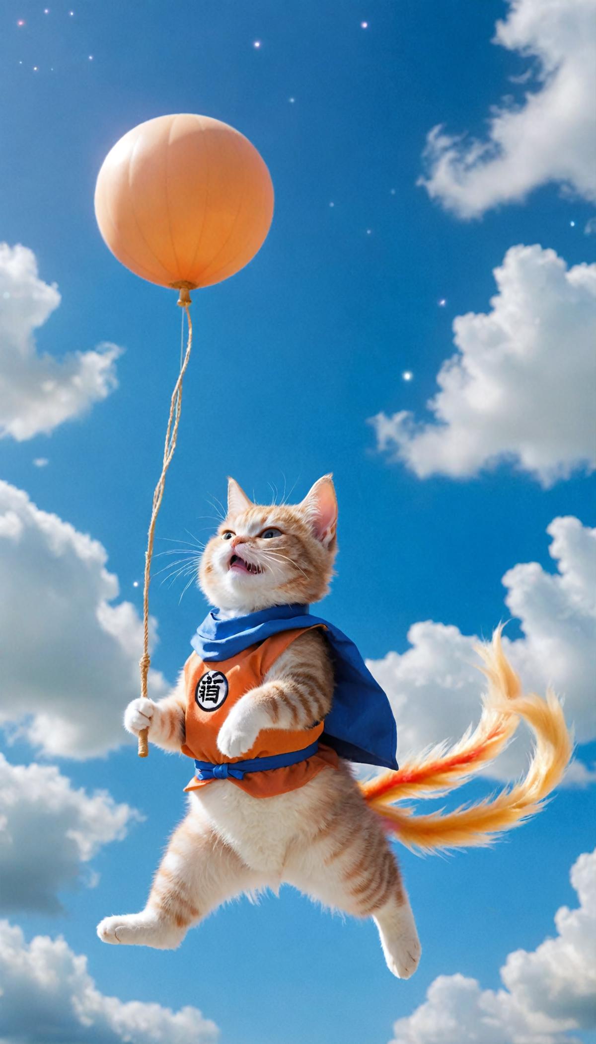 A small cat wearing a cape and holding a string to a balloon.