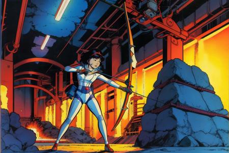 Yoko Tsuno, inside a lava processing facility, on a catwalk, white bodysuit, black eyes, red hairband, ((bow \(weapon\))), ((aiming)), ((BowAiming)), 1girl, solo, (alone), orange backlight, orange rimlight, ultra high res, ultra detailed, masterpiece, crystal clear, sharp focus, traditional media, 1990s \(style\), futuristic, science fiction, retro artstyle, <lora:yoko_tsuno-10:0.9>, <lyco:UnlimitedBladeWorks1.6:0.9>