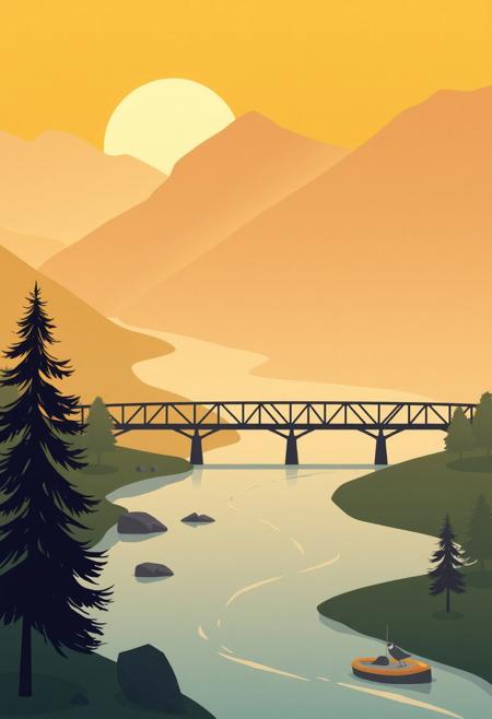 Modern flat design illustration, warm golden hour light, serene landscape with river and bridge, simple two-dimensional shapes, low contrast, soft light, emphasizing duality and contrast.