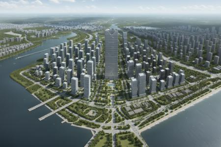 ((Best quality)),((masterpiece)),((realistic)),aerial view of modern megacity,skyscraper,urban axis,luxuriant plant,clear day,