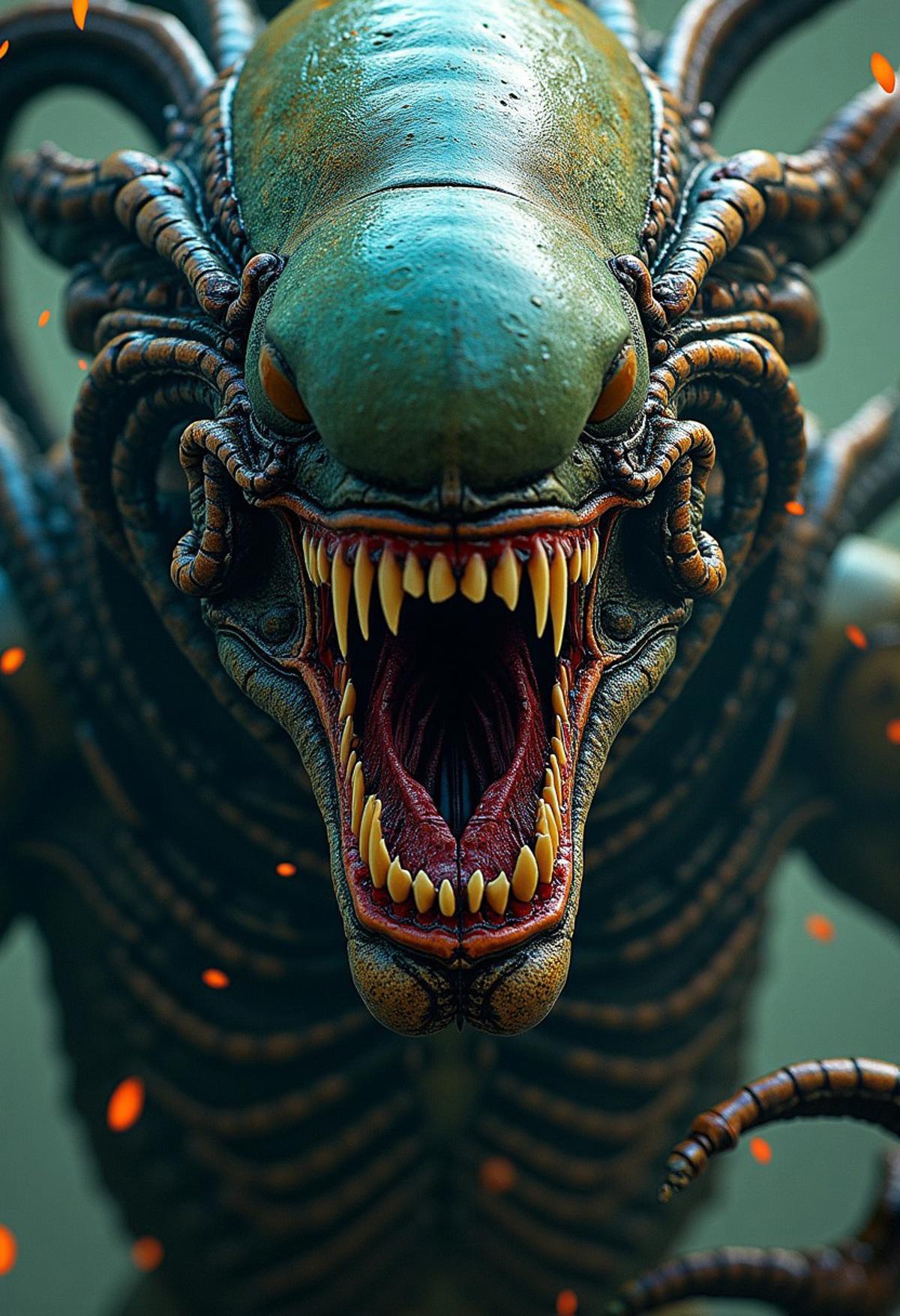 Design a 4k poster featuring a complex Xenomorph theme with a complex front view looking at me headshot of a Xenomorph snapping raged with anger with acid flares flying everywhere, --q 200 --glitch 500.