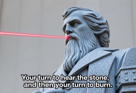 a granite statue of a distinguished man shooting a laser from its left eye, caption "Your turn to hear the stone and then your turn to burn"