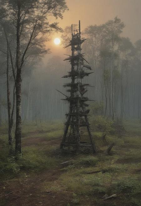 Caspar David Friedrich (romanticism), Pine barrens with charred tree skeletons, birch bark peeling scrolls, napoleonic-era signal tower,corncrake in tall grass.,Art painting by Makoto Shinkai and Fiona Staples and Tran Nguyen, featured on Caravaggio,,
artstation trending, macro lens, volumetric light,
<lora:Illustration_Insanity:0.3>,
<lora:dreamshaperXL10_lora:0.7>,
<lora:extremely_detailed:0.3> extremely detailed,
<lora:DetailMaximizer:0.3>,, Surrealism art style, dreamlike and irrational imagery, explores the unconscious mind, juxtaposition of unlikely elements, challenges reality and logic