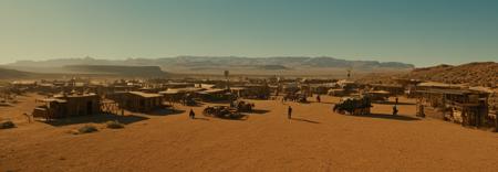 What an intriguing concept! The blend of classic Western elements with futuristic sci-fi components creates a captivating and visually striking scene. Here's a breakdown of the key aspects:  1. **Ultra Panavision 70**: The use of this cinematic format adds depth and immersion to the image, making it feel like a widescreen film. 2. **Dusty, sunlit western town at high noon**: This setting provides a rich backdrop for the scene, with warm lighting and long shadows created by the intense desert sun. 3. **Futuristic sci-fi elements**: Incorporating advanced technology, alien species, or otherworldly landscapes creates an intriguing contrast between old and new, Western and futuristic. 4. **Quentin Tarantino-eseque**: The scene's aesthetic is reminiscent of Tarantino's visually striking films, with bold compositions, vibrant colors, and a blend of genres.  To further develop this concept:  * Consider the characters involved: Would they be rugged cowboys, space marines, or something entirely different? * Explore the narrative possibilities: Is there a quest for resources, a battle between alien forces, or an intergalactic cowboy showdown? * Research reference images and artworks that blend Western and sci-fi elements to create a visually striking concept.  By refining this idea, you can create a captivating scene that blends genres, offers unique visuals, and sparks imagination in your audience.